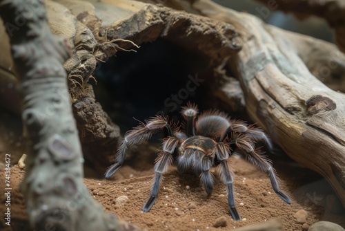 tarantula in a secure glass tank with substrate and a hiding log