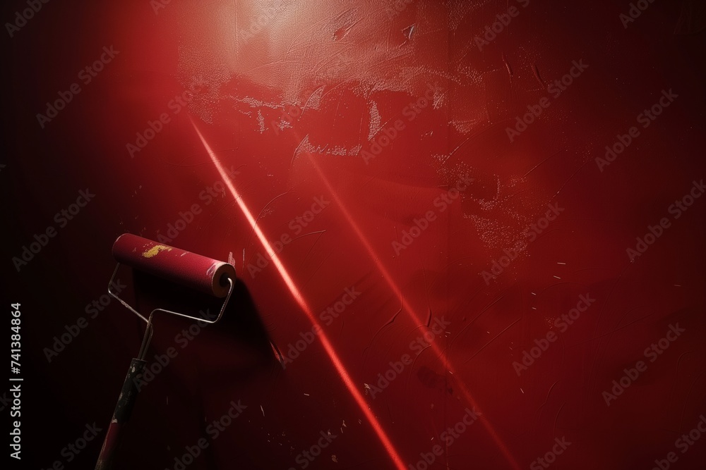welllit photo of roller leaving streaks on a dark red wall Stock Photo