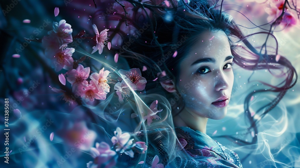 Ethereal Beauty: Woman Adorned with Cherry Blossoms. Generative ai