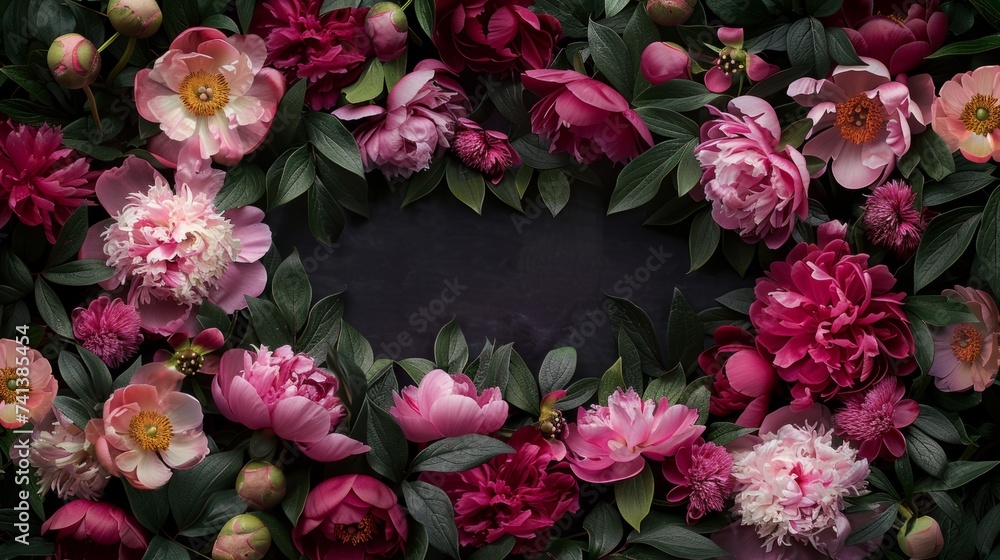 Peony flowers and leaves create frame background with central copy space, ideal for greeting card template Peony flowers and leaves create frame background with central copy space, ideal for greeting card template
