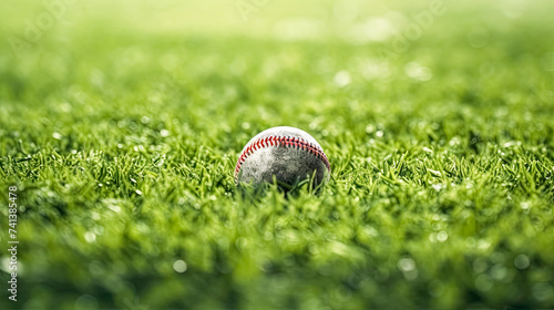 A baseball rests peacefully in the lush green grass photo