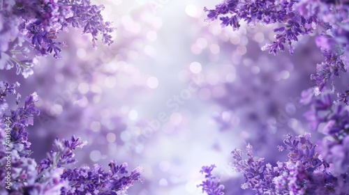 Background frame showcases lavender flowers, with central copy space for greeting card