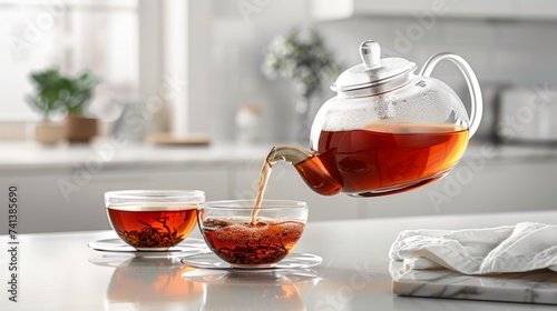 In the soft morning light of a white kitchen, fresh, hot Rooibos tea is poured from teapot to glass cup photo