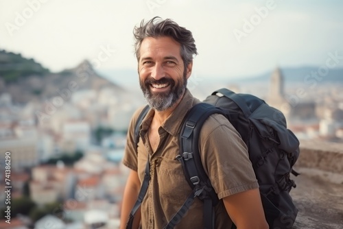 Portrait of a smiling man with backpack on top of a hill