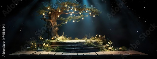 Forest tree with wood podium fairytale background. Beautiful light wit fantasy tree. AI generate