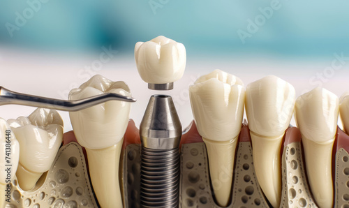 dental implant process with ceramic tooth and titanium screw in a detailed jaw model photo