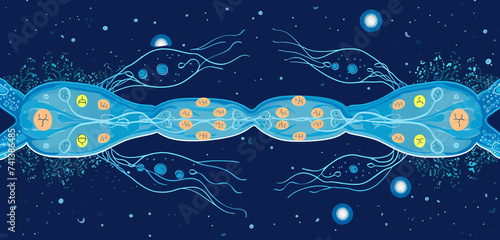 Illustration of chromosomes aligning during the prophase of meiosis, with a deep blue background, including labeled diagram photo