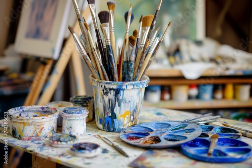 brushes and palettes on artists work table