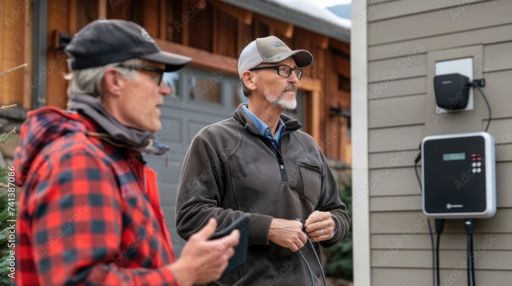 Homeowner and electrician discussing the best location for an EV charger install, smart home and technology EV car concept. Homeowner and electrician discussing the best location for an EV charger install, smart home and technology EV car concept.