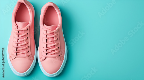 Pink nubuck sneakers isolated on blue background, copy space, generative ai