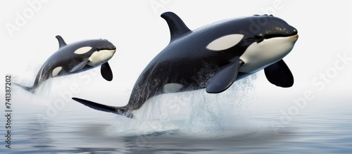 3D illustration of two killer whales jumping in the open sea, white background