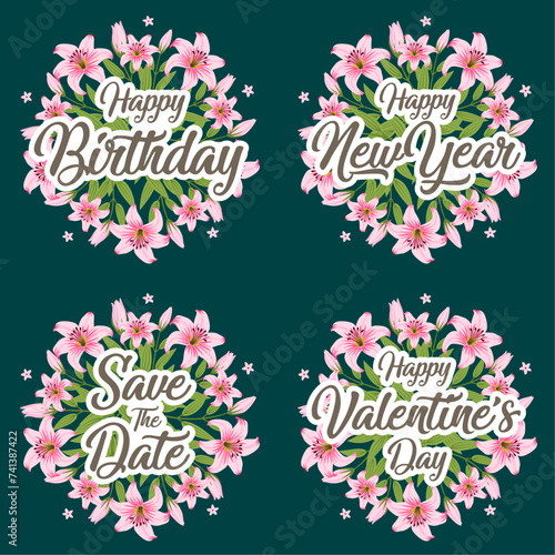 Vector pink lily flower greeting card and invitation template for birthday or valentine day and happy new year.