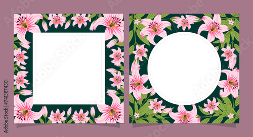 Vector shape of text box label and frame, Pink lily flowers wreath ivy style with branch and leaves.