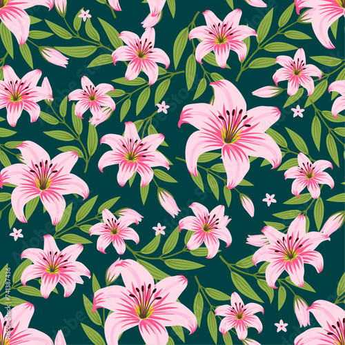 Pink lily vector artwork for apparel and fashion fabrics seamless pattern background