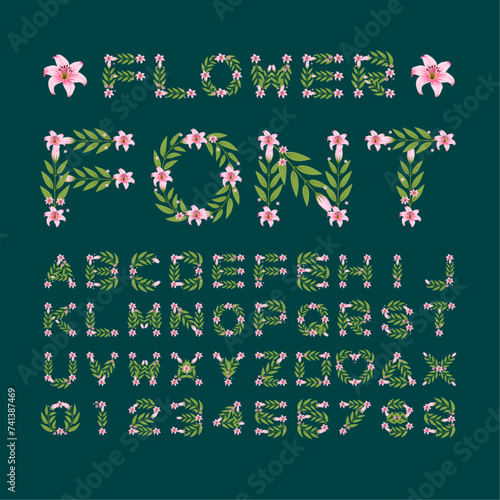 Isolated pink lily flower font alphabet character with number and symbol