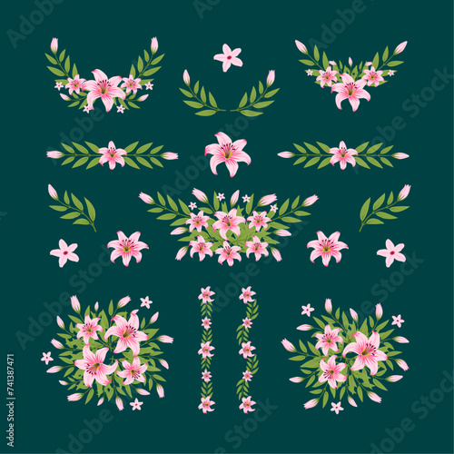 Vector pink lily bouquet and decorative object Blooming floral material for graphic design