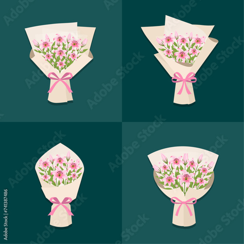 Vector pink lily flower bouquet isolated set with ribbon