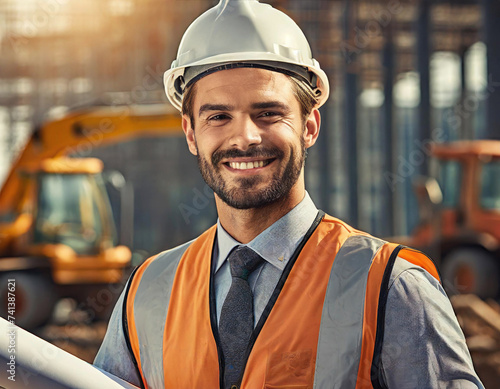 Smiling male construction worker with helmet and reflective vest holding plans at a construction site.
