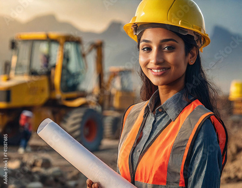 Smiling female construction worker with helmet and reflective vest at a construction site. photo