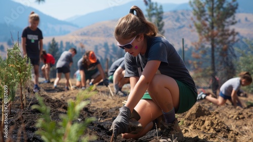 Schoolchildren involved in a community resilience project, learning and helping plant trees for recovery after great fire forest.