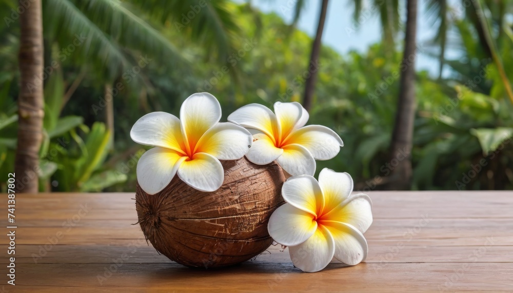 Coconuts and plumeria flowers on a tropical beach Coconuts and plumeria flowers on a tropical beach