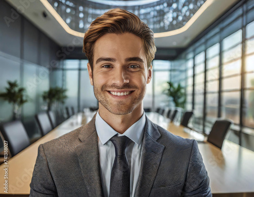 Confident businessman smiling in modern office setting with cityscape background. © Tim Bird