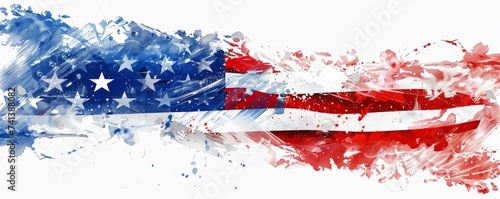 Abstract flag of United states of America made from watercolor paint splashes in red and blue colors with stars. USA national holiday concept background.