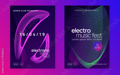 Dj party. Modern discotheque cover set. Dynamic fluid shape and line. Neon dj party flyer. Electro dance music. Techno trance. Electronic sound event. Club fest poster.