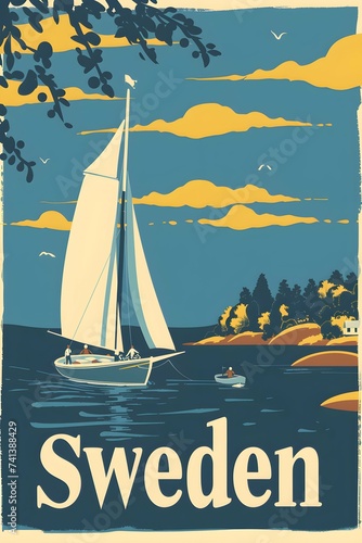 sweden vintage travel poster, graphic style, with banner text "Sweden"