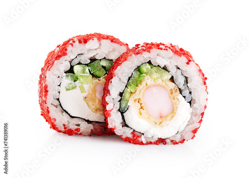 Maki roll with shrimp, cucumber, cream cheese and caviar isolated on white background. With clipping path.
