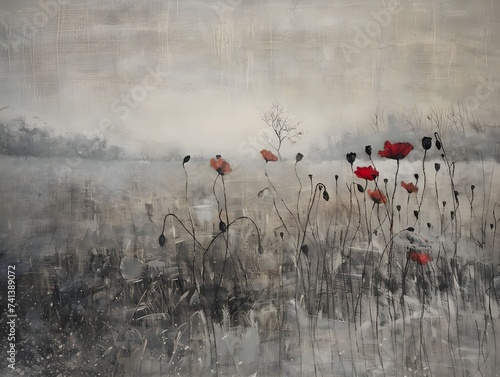 vintage painting showing a poppy field in early spring, muted colors © PSCL RDL