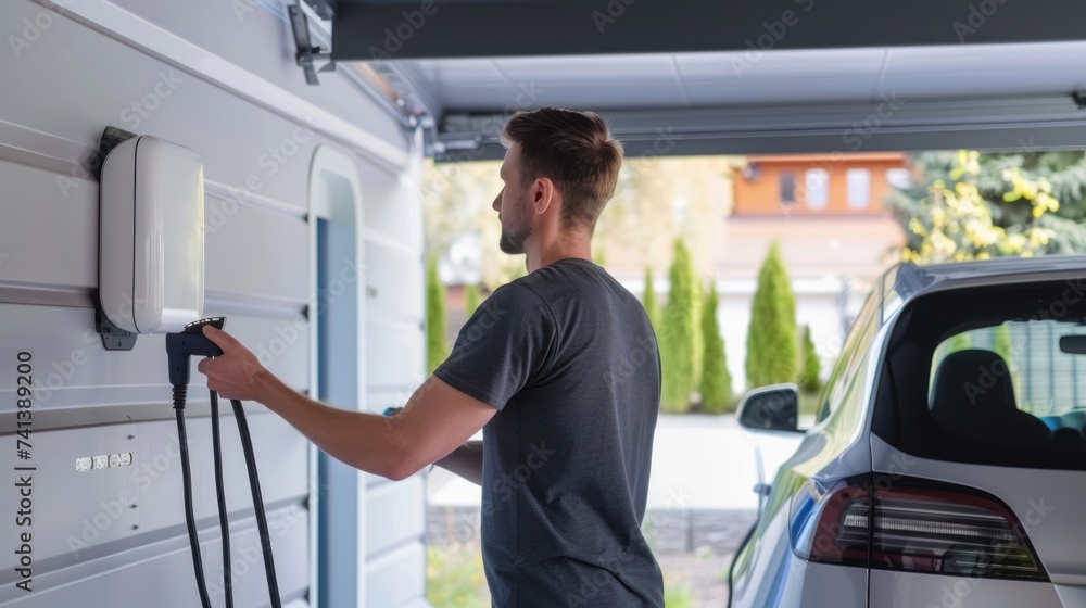 Electrician man smiling and installing a home charging. Electrician man smiling and installing a home charging.