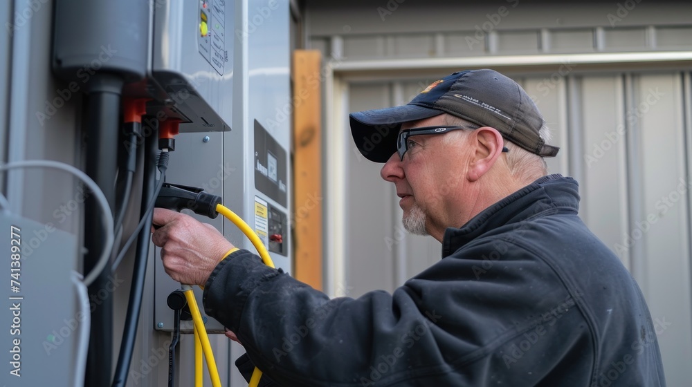Electrician man smiling and installing a home charging. Electrician man smiling and installing a home charging.