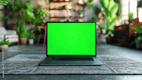 Close up shot of laptop with green screen chroma key, on the carpet on the floor, blurred background with flowers. 4k slow motion photo
