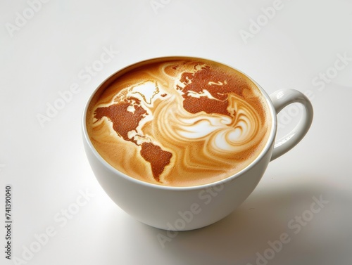 Coffee mug with world map latte foam art on white background.