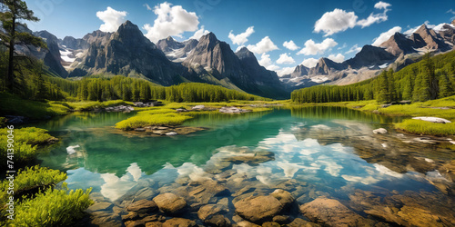 Hiking through a serene mountain forest, arriving at a tranquil lake surrounded by tall trees and majestic peak. Generative AI.