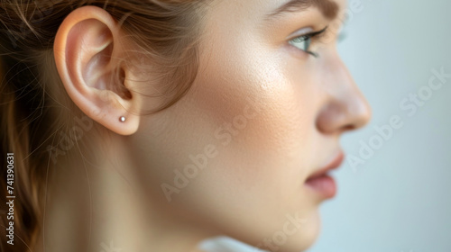 Close up portrait of a young woman with earring in profile. Ear close up of white woman with copy space, advertisement on ear hangers. photo