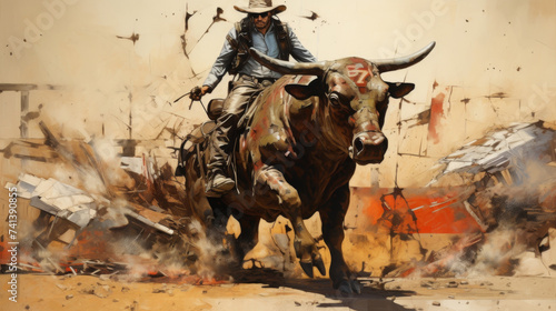 Illustration of a cowboy in the saddle on a blurred background. Bullfighter riding on a bull in the bullfight. A cowboy riding a bull in a recreational competition. Colorful vintage rodeo illustration