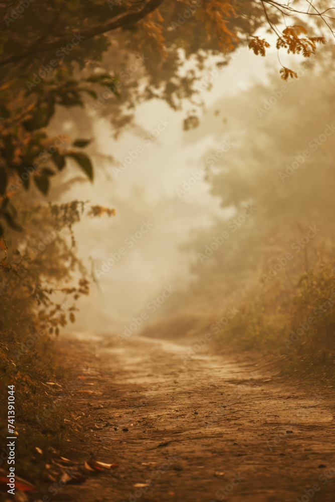 Fototapeta premium Foggy rural dirt path. Moody early morning hues. Empty dirt road. Forest path. Dirt way in the woods. warm brown sepia colors. Bright focal point. Perspective path. Cinematic lighting. Foggy, misty.