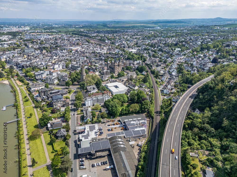 Fototapeta premium Andernach, Germany - Aerial view of the town of Andernach by the famous Rhine river in summer on a sunny day