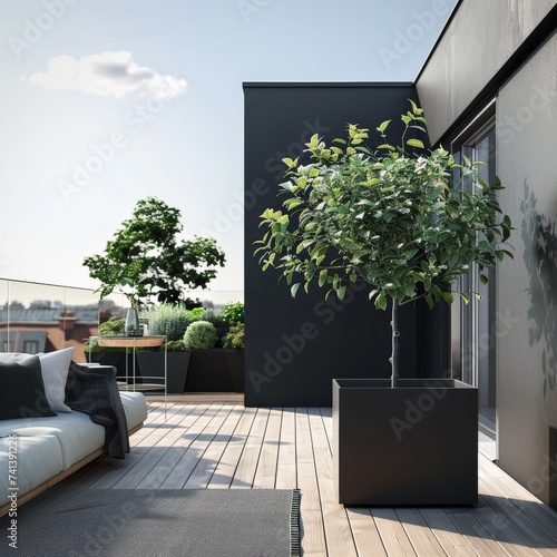 Outdoor roof terrace in good weather. Comes with a minimalist style plant pot.