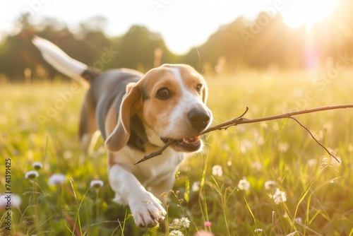 beagle catching a stick in a sunny open field
