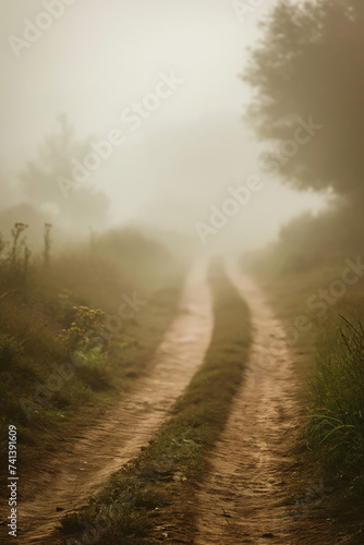 Foggy rural dirt path. Moody early morning hues. Empty dirt road. Forest path. Dirt way in the woods. brown and green colors. Bright focal point. Perspective path. Cinematic lighting. Foggy, misty.