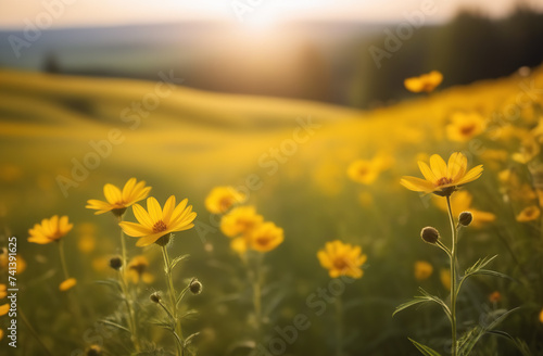 Nature background. Field with summer flowers  beautiful relief