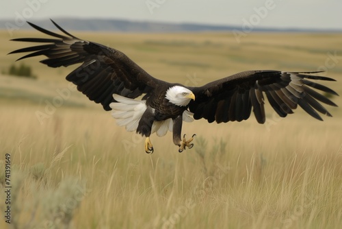 eagle swooping down towards the grasslands with claws outstretched