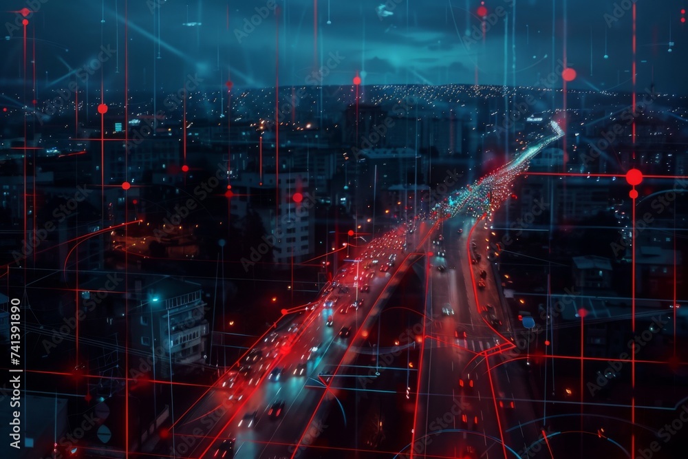 Digital visualization of a bustling city at night overlaid with red and blue data grid, symbolizing smart city technology and connectivity. Concept of urban life, innovation, and digital transformatio