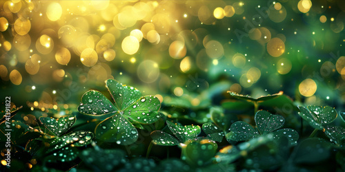 Green clover leaves with dew and golden light spots. Shamrock traditional symbol for St. Patrick's Day