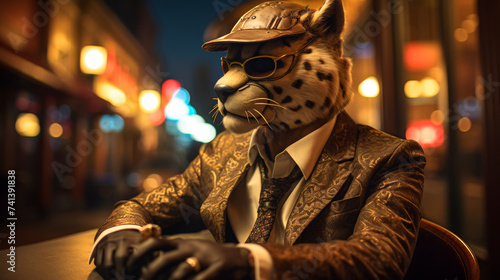 sleek cheetah adorned in a tailored pinstripe suit, accessorized with a platinum tie clip and cufflinks. Set against a backdrop of city nightlife, it exudes effortless style and sophistication. Mood: 