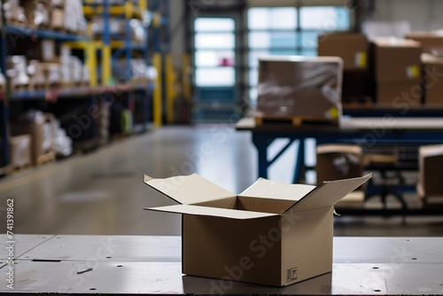 empty open box on warehouse workers workstation photo