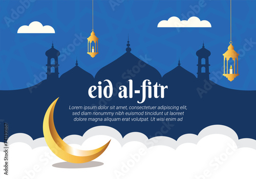 Eid al Fitr greeting card with crescent moon and lanterns